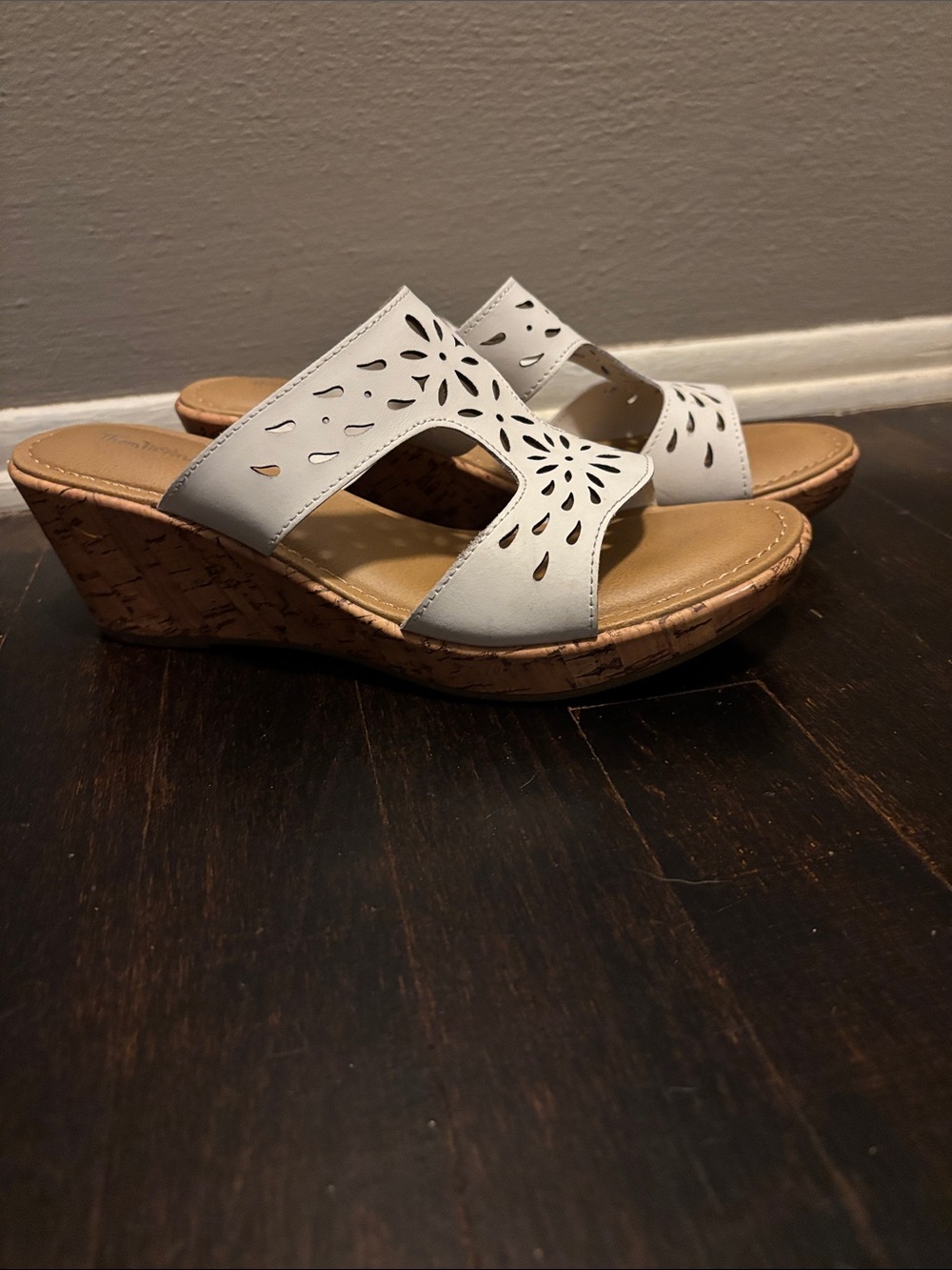 Thom McAn White Laser-Cut Cork Wedge Sandals